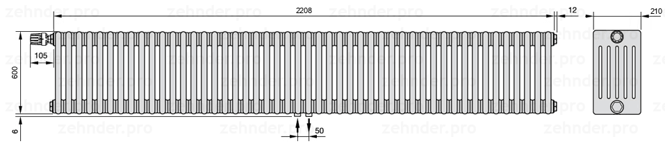Схема (чертеж) Радиатор Zehnder Charleston 6060/48 №V007 Белый глянцевый RAL 9016